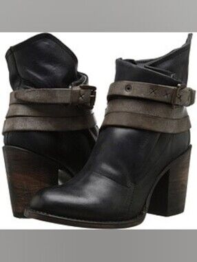 Freebird by Steven Blaze Black Leather Ankle Boots with Brown Wrap Strap